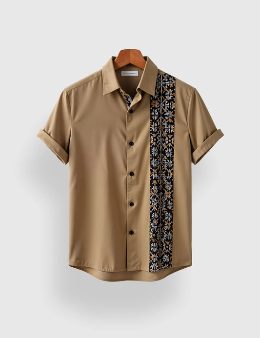 Men's Brown Floral Embroidery Stripe - Printed Half Sleeve Shirt