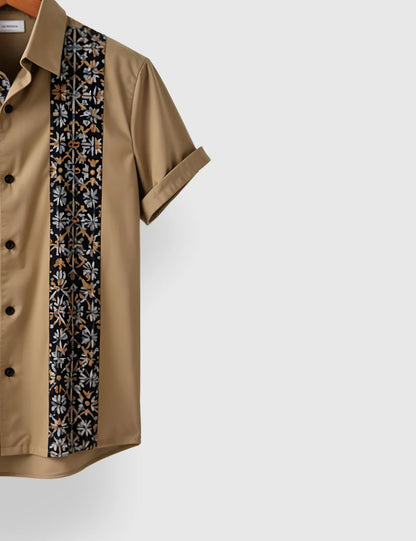 Men's Brown Floral Embroidery Stripe - Printed Half Sleeve Shirt