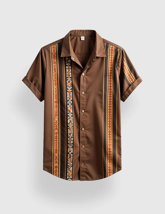 Men's Brown Tribal Ethnic Vibe Stripe - Printed Half Sleeve Shirt