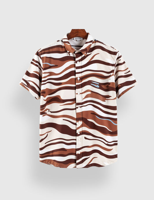 Men's Brown Tribal Zebra Stripe - Printed Half Sleeve Shirt