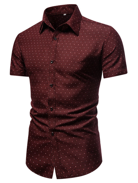 Men's Burgundy Slim Fit Printed Short Sleeve Shirt