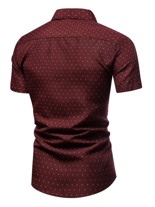 Men's Burgundy Slim Fit Printed Short Sleeve Shirt