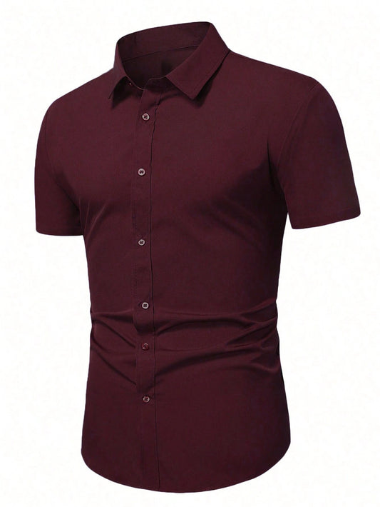 Men's Burgundy Slim Fit Short Sleeve Casual Shirt