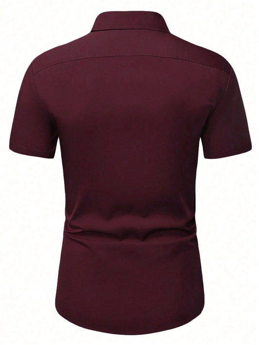 Men's Burgundy Slim Fit Short Sleeve Casual Shirt - XPST