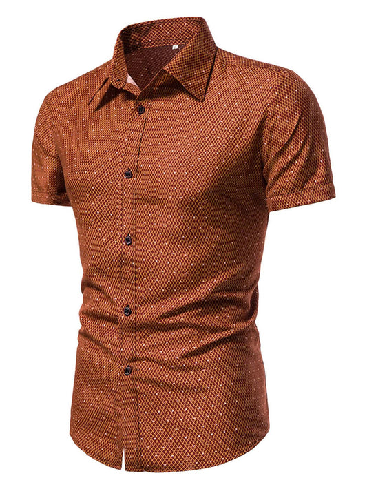 Men's Burnt Orange Slim Fit Printed Short Sleeve Shirt