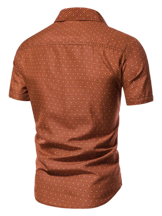 Men's Burnt Orange Slim Fit Printed Short Sleeve Shirt