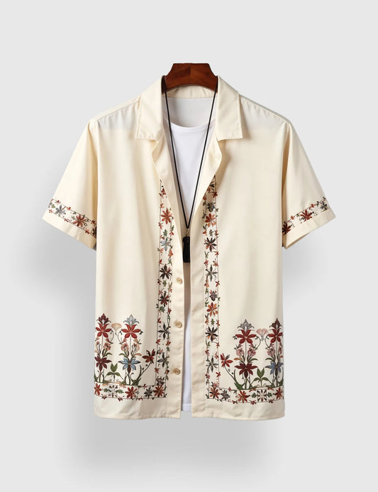 Men's Cream Floral Embroidered - Printed Half Sleeve Shirt