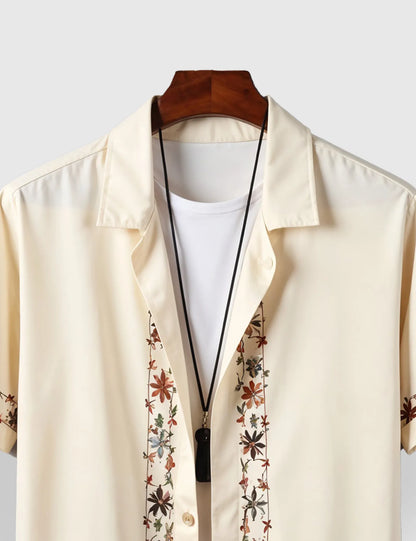 Men's Cream Floral Embroidered - Printed Half Sleeve Shirt