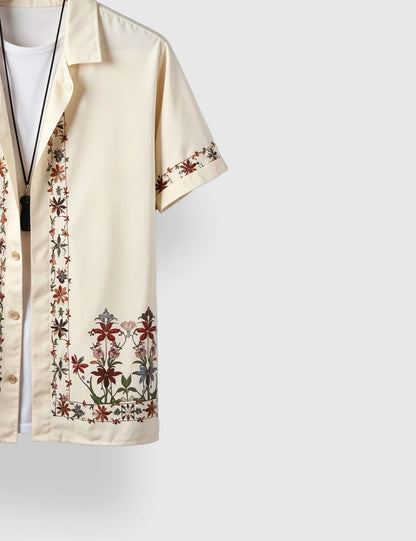 Men's Cream Floral Embroidered - Printed Half Sleeve Shirt