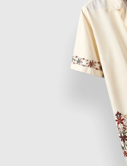 Men's Cream Floral Embroidered - Printed Half Sleeve Shirt