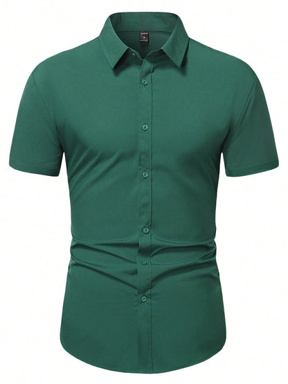 Men's Dark Green Slim Fit Short Sleeve Casual Shirt - XPST