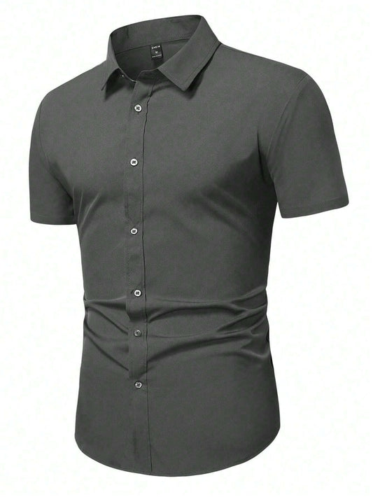 Men's Dark Grey Slim Fit Short Sleeve Casual Shirt