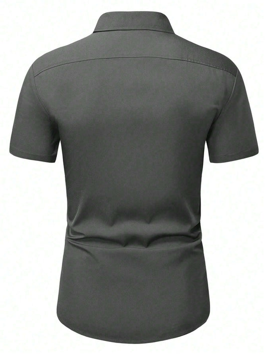 Men's Dark Grey Slim Fit Short Sleeve Casual Shirt - XPST