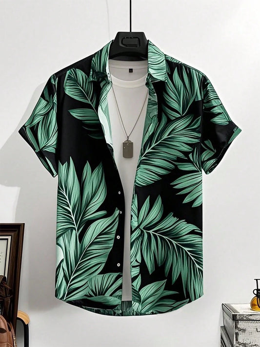 Men's Green Leaf Print Shirt Relaxed Printed Casualwear
