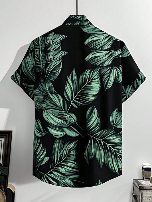 Men's Green Leaf Print Shirt Relaxed Printed Casualwear