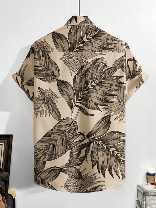 Men's Khaki Leaf Print Shirt Relaxed Printed Casualwear
