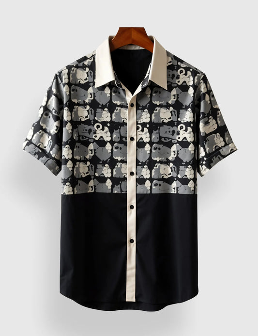 Men's Monochrome Cat Pattern – Printed Half Sleeve Shirt
