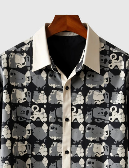 Men's Monochrome Cat Pattern – Printed Half Sleeve Shirt