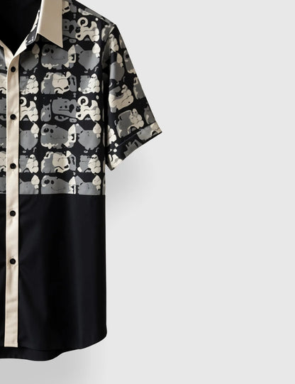Men's Monochrome Cat Pattern – Printed Half Sleeve Shirt