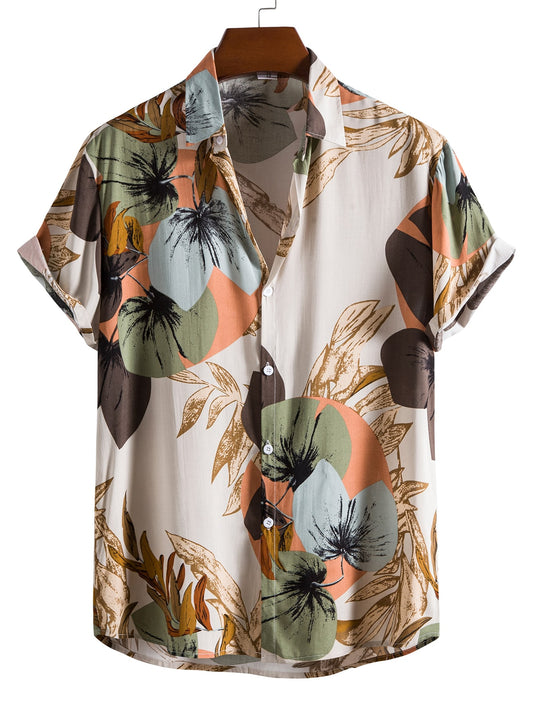 Men's Multicolor Tropical Leaf Print Casual Button Down Shirt