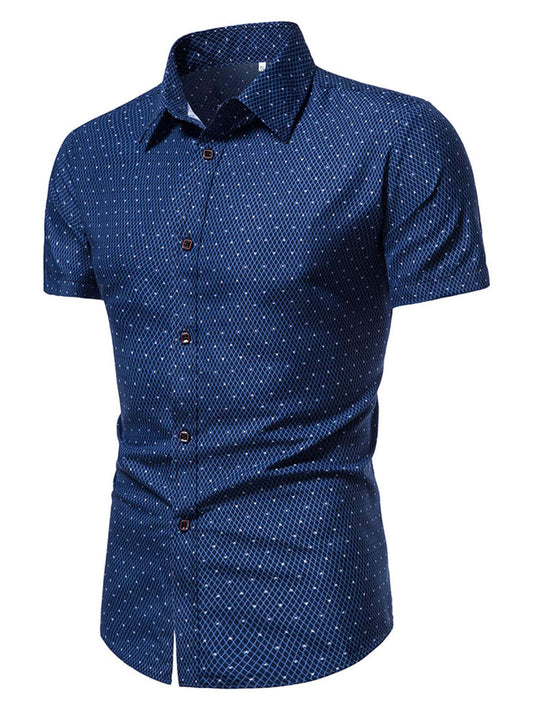 Men's Navy Blue Slim Fit Printed Short Sleeve Shirt