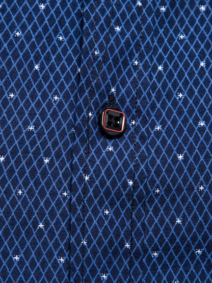 Men's Navy Blue Slim Fit Printed Short Sleeve Shirt