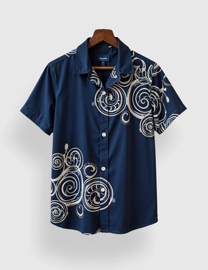 Men's Navy Blue Swirl Pattern - Printed Half Sleeve Shirt