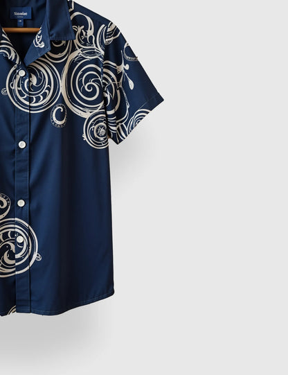 Men's Navy Blue Swirl Pattern - Printed Half Sleeve Shirt