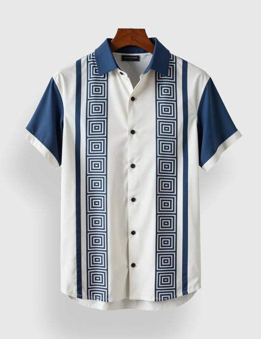 Men's Navy Geometric Stripe – Printed Half Sleeve Shirt