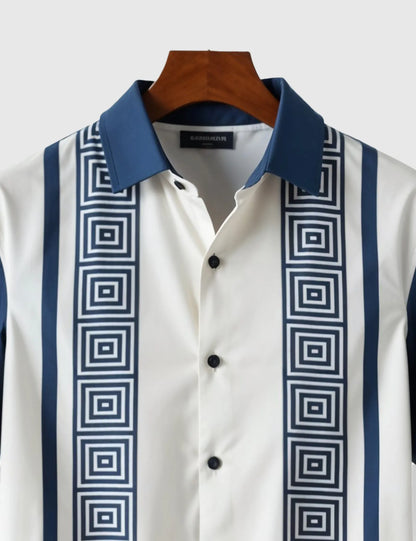 Men's Navy Geometric Stripe – Printed Half Sleeve Shirt