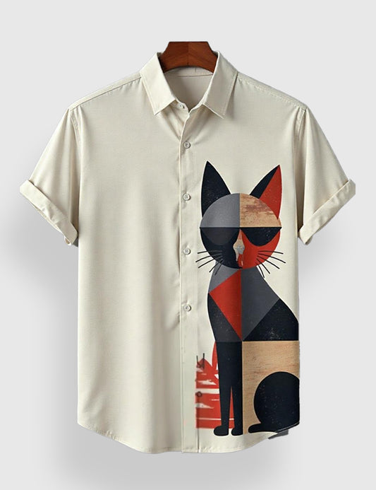 Men's Off White Geometric Cat – Printed Half Sleeve Shirt