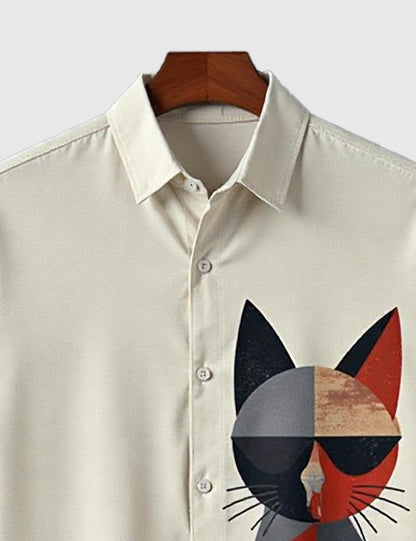 Men's Off White Geometric Cat – Printed Half Sleeve Shirt