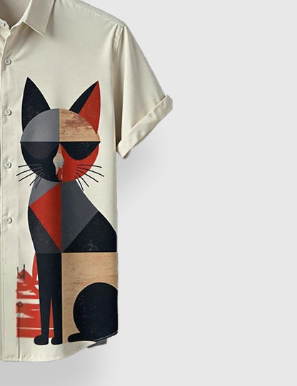 Men's Off White Geometric Cat – Printed Half Sleeve Shirt