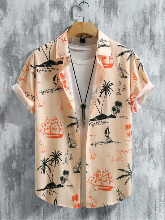 Men's Orange Coconut Print Shirt Relaxed Printed Casualwear