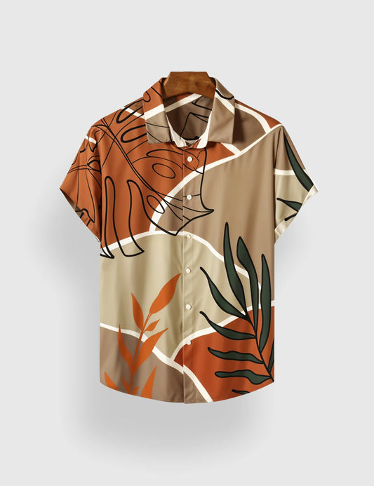 Men's Orange & Khaki Tropical Leaf Print - Printed Half Sleeve Shirt