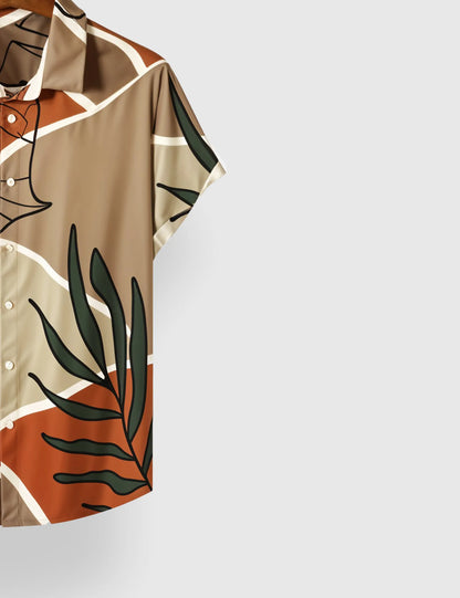 Men's Orange & Khaki Tropical Leaf Print - Printed Half Sleeve Shirt