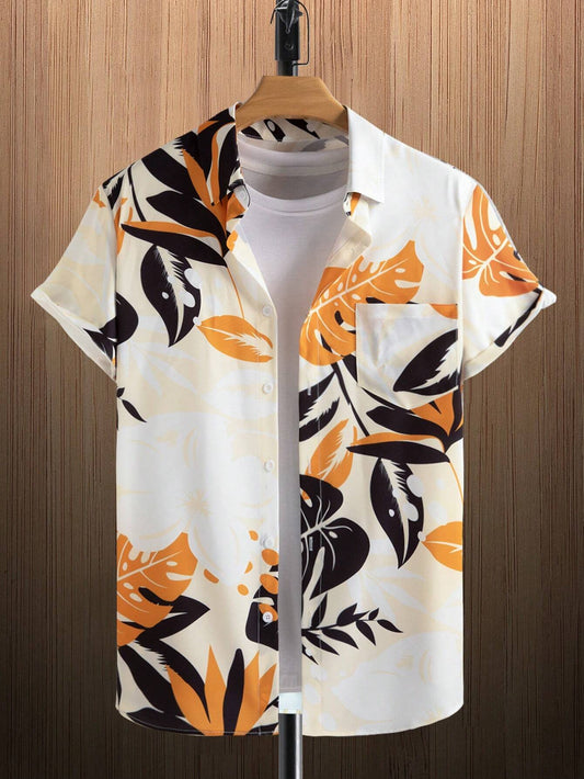 Men's Orange Leaf Graphic Print Shirt Relaxed Printed Casualwear