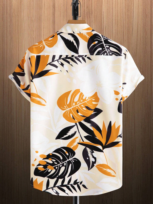 Men's Orange Leaf Graphic Print Shirt Relaxed Printed Casualwear