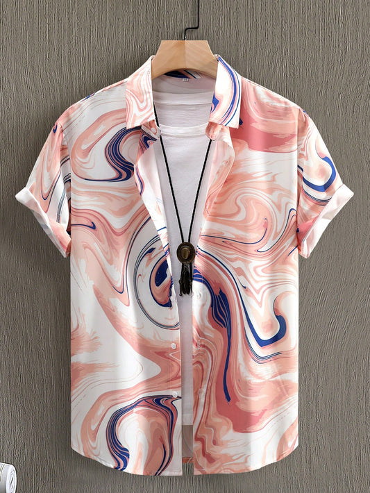 Men's Pink Marble Print Shirt Relaxed Printed Casualwear