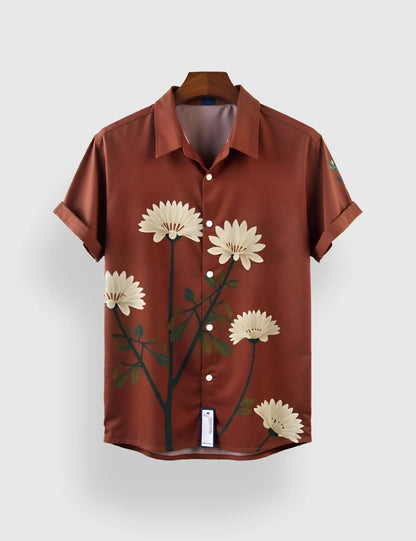 Men's Rust Brown Casual Floral - Printed Half Sleeve Shirt