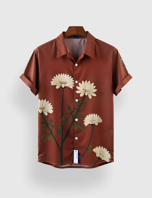Men's Rust Brown Casual Floral - Printed Half Sleeve Shirt