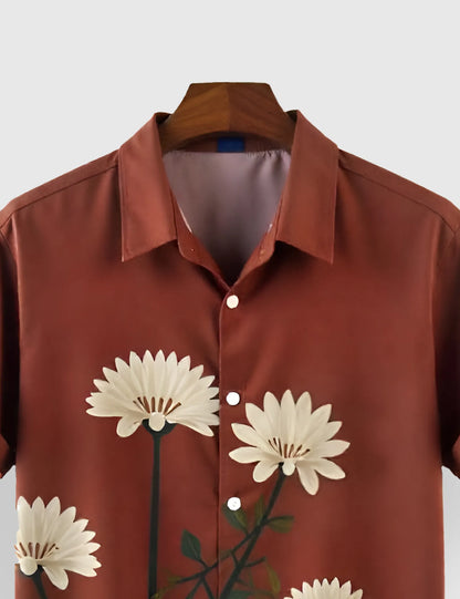 Men's Rust Brown Casual Floral - Printed Half Sleeve Shirt