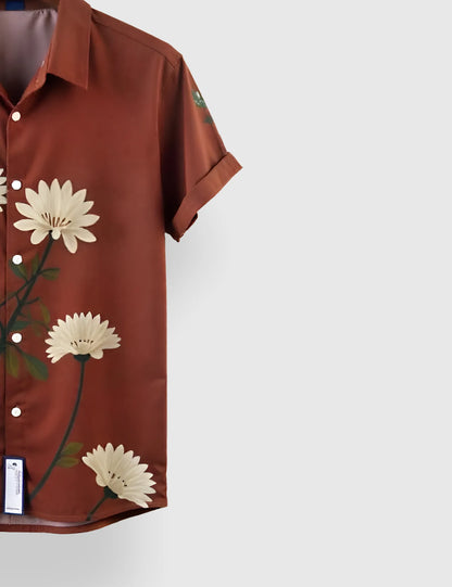 Men's Rust Brown Casual Floral - Printed Half Sleeve Shirt