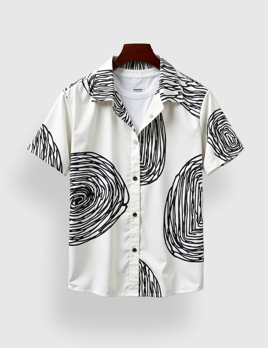 Men's White Abstract Spiral - Printed Half Sleeve Shirt
