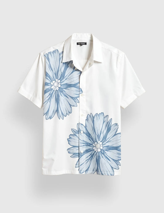 Men's White & Blue Casual Flower - Printed Half Sleeve Shirt