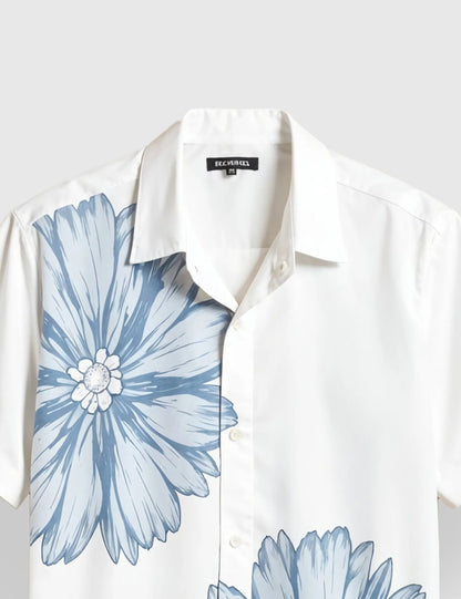 Men's White & Blue Casual Flower - Printed Half Sleeve Shirt
