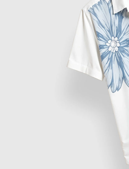 Men's White & Blue Casual Flower - Printed Half Sleeve Shirt