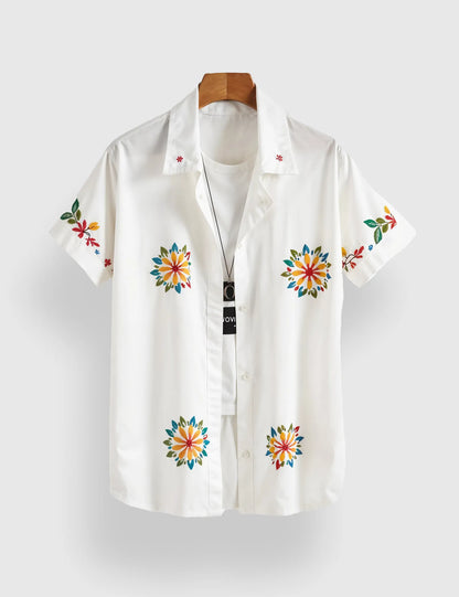 Men's White Floral Embroidered - Printed Half Sleeve Shirt