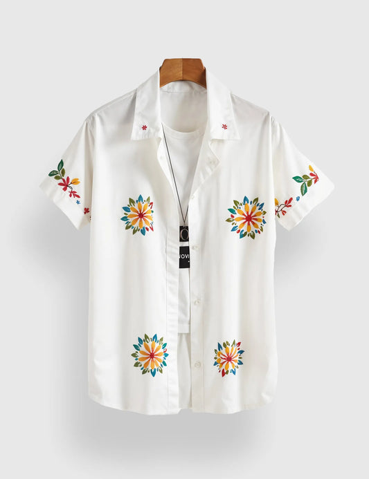 Men's White Floral Embroidered - Printed Half Sleeve Shirt