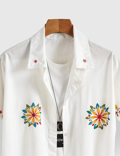 Men's White Floral Embroidered - Printed Half Sleeve Shirt